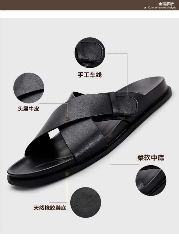 Men Cowhide Casual Slipper Summer Outdoor Breathable Genuine Leather Beach Shoes