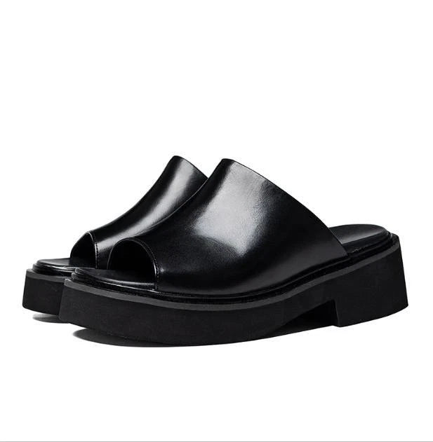 Real Leather Platform Slippers Men's Open Toe Casual Slip On Block Heel Sandals