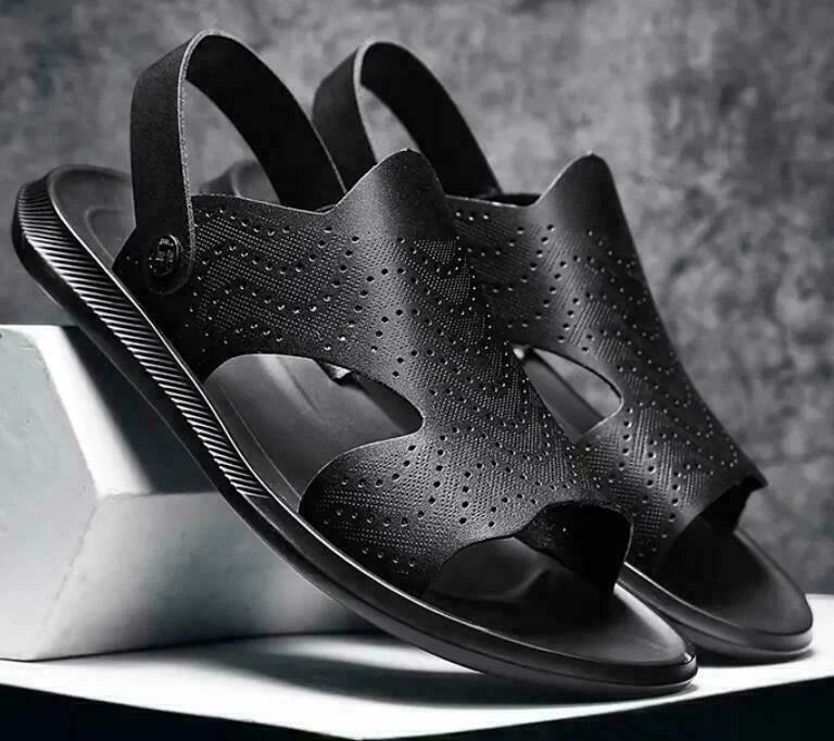 Men Summer Sandals Slippers Open Toe Slingbacks Cut Out Beach Leather Breathable