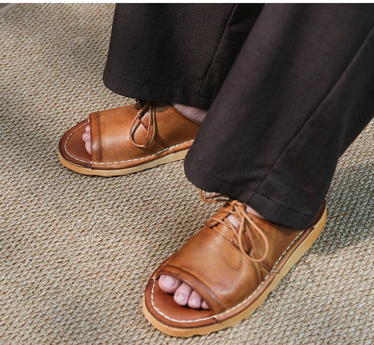 Retro Mens Handmade Real Leather Open Toe Sandal Slippers Shoes Beach Holiday sz