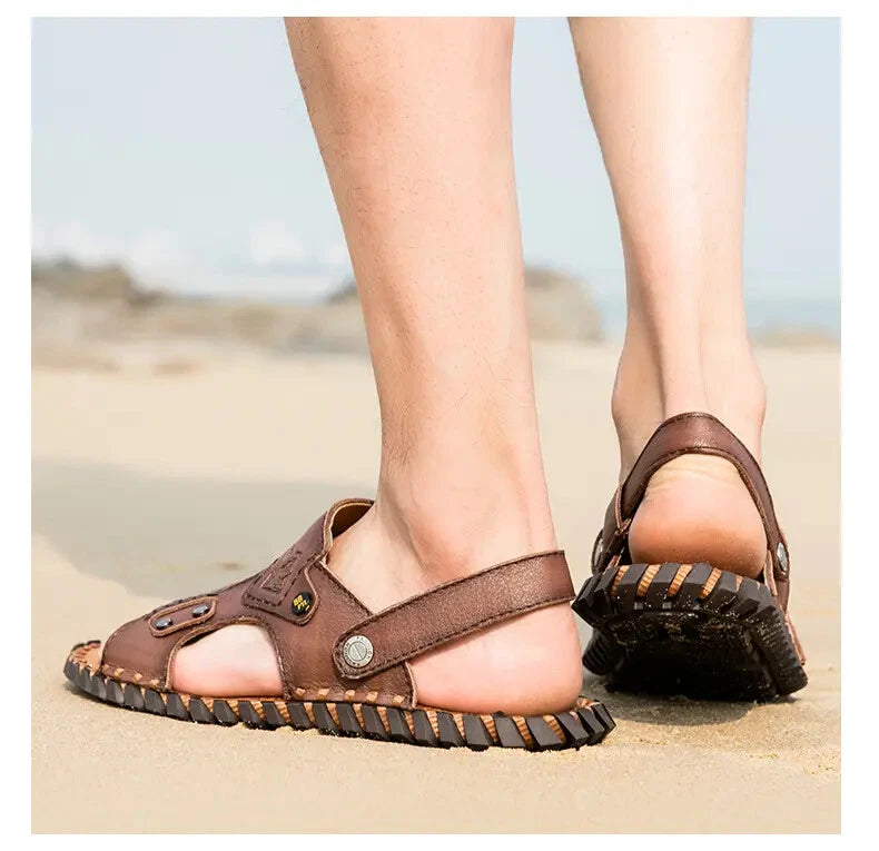 Open Toe Hollow Out Leather Mens Slippers Sandals Beach Holiday Summer Slingback