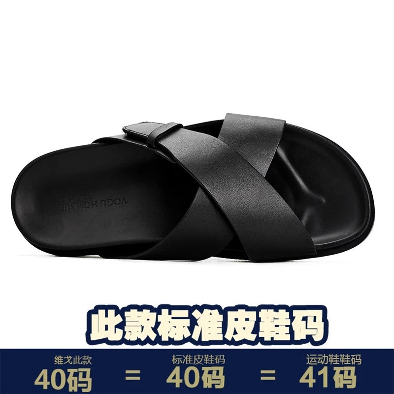 Roman Style Mens Open Toe Sandals Slippers Real Leather Flat Shoes Beach Outdoor