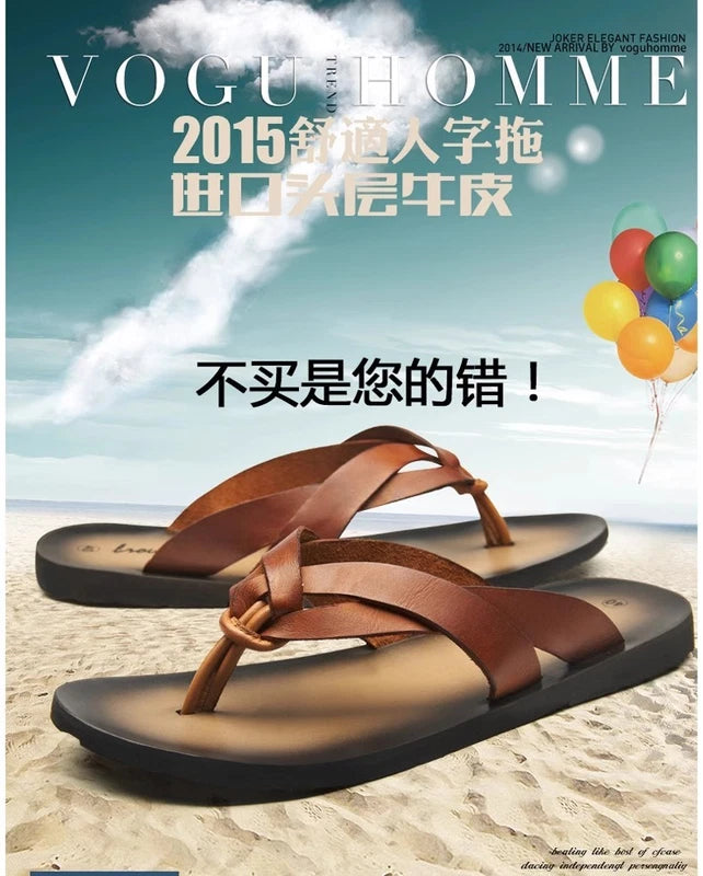 Summer Sandals New Men's Flip Flops Beach Shoes Leather Flats Casual Slippers