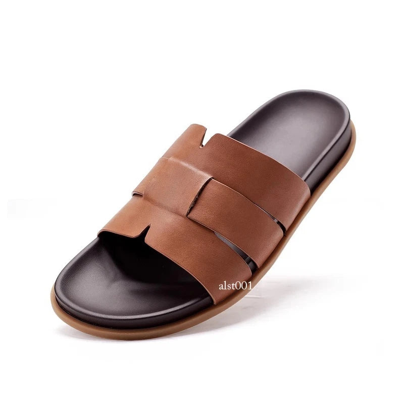 Summer New Men's Slippers Casual Breathable Beach Sandals Flat Leather Slippers