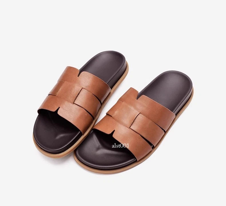 Summer New Men's Slippers Casual Breathable Beach Sandals Flat Leather Slippers