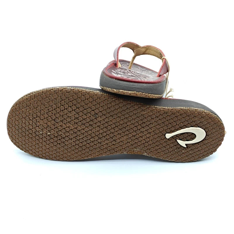 Olukai Womens 7/8/9 Paniolo Flip Flop Thong Red Leather Sandals 20129