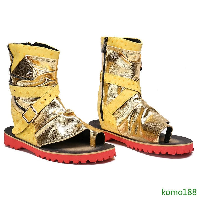 Men's Roman Sandals High Top leather  Flip Flop Gladiator Buckle Shoes Slingback