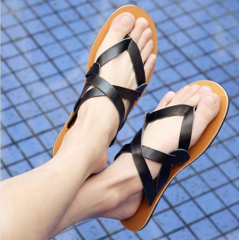 Mens Summer Clip Toe Strappy Sandals Flip Flops Flat Roman Shoes Beach Slippers