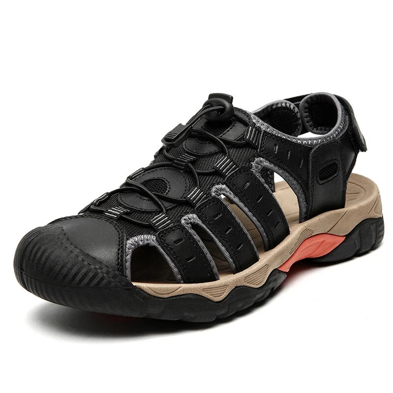 Men's Soft Leather Sandals Summer Lack Up Shoes Outdoor Comfort Beach Slippers