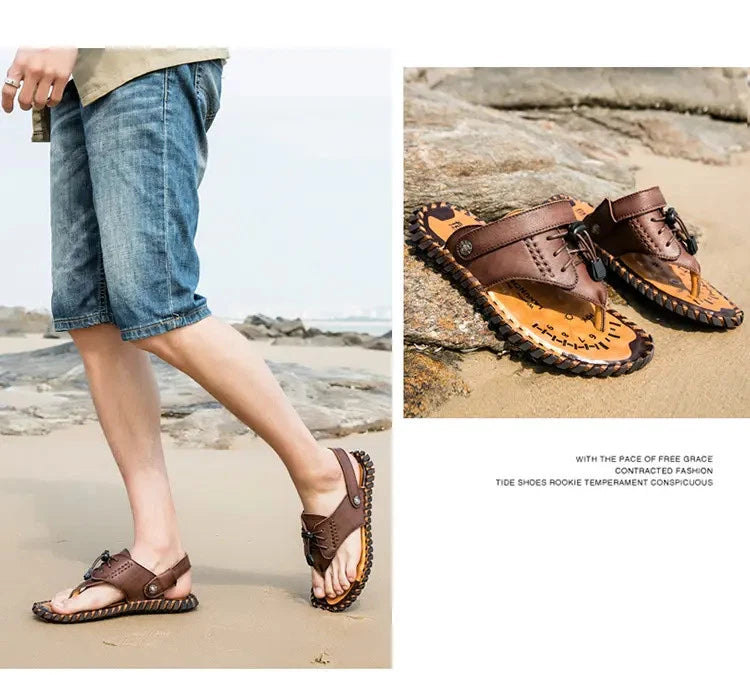 38-48 Plus Size Mens Real Leather Flip Flops Sandals Slipper Beach Holiday Shoes