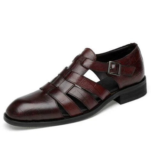 Mens Dress Formal Sandals Shoes Hollow Cut Out Buckle Leather Flats Roman Shoes