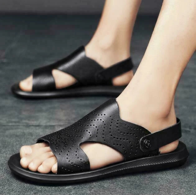 Men Summer Sandals Slippers Open Toe Slingbacks Cut Out Beach Leather Breathable
