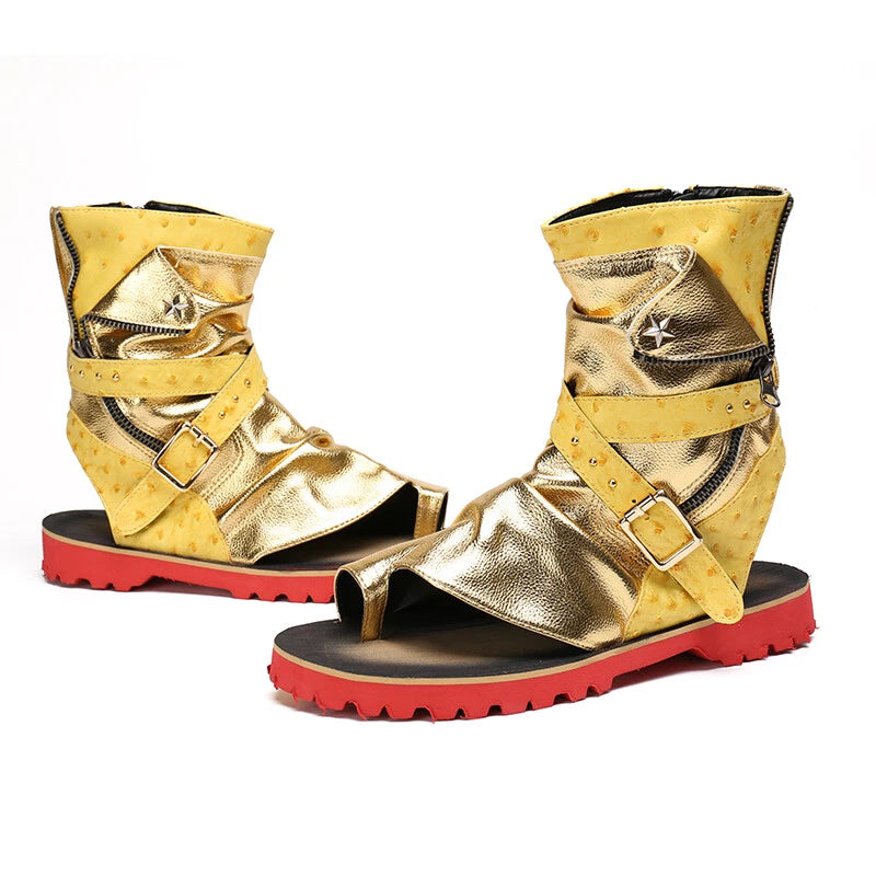 Men's Roman Sandals High Top leather  Flip Flop Gladiator Buckle Shoes Slingback