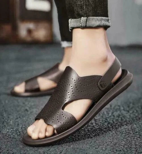 Men Summer Sandals Slippers Open Toe Slingbacks Cut Out Beach Leather Breathable
