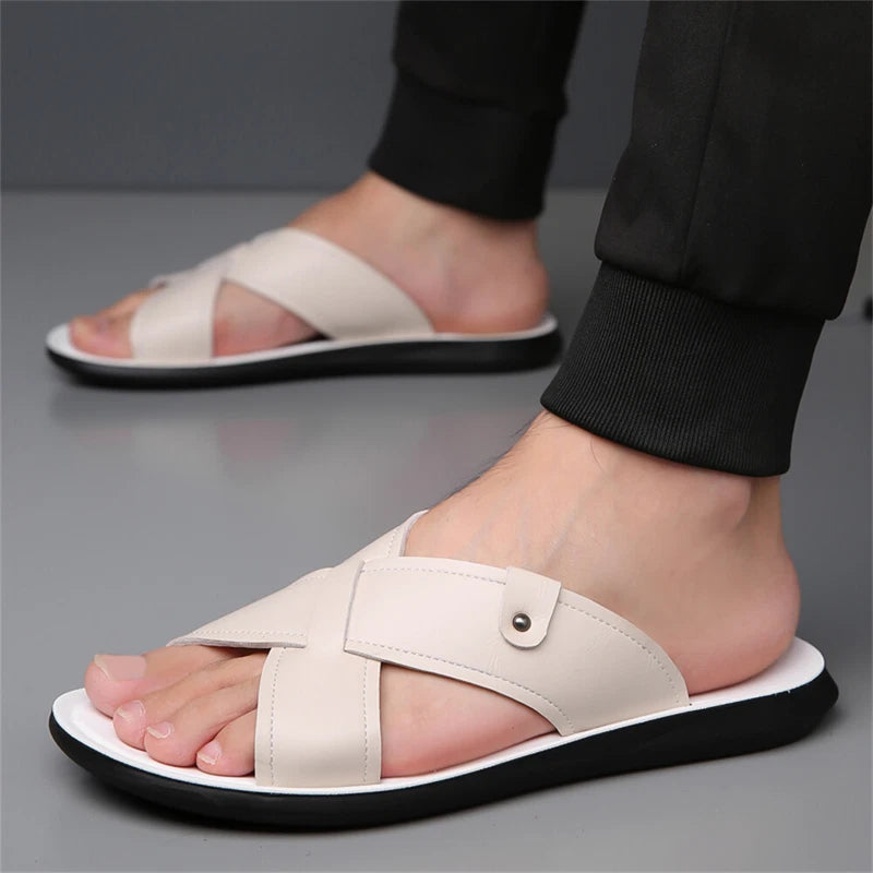Men's Leather Slide Sandal Outdoor Sports Casual Slippers Beach Sandals for Men