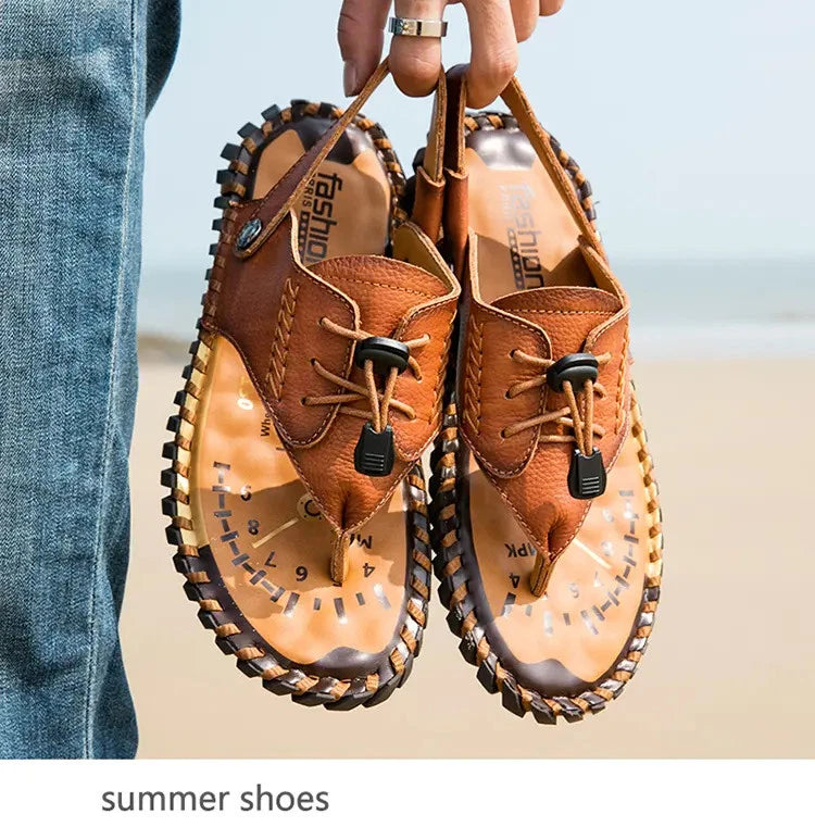 38-48 Plus Size Mens Real Leather Flip Flops Sandals Slipper Beach Holiday Shoes