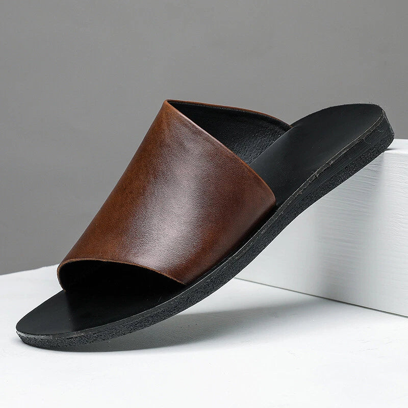 Men's Flat Faux Leather Open-toe Outdoor Beach Casual Slip on Slippers