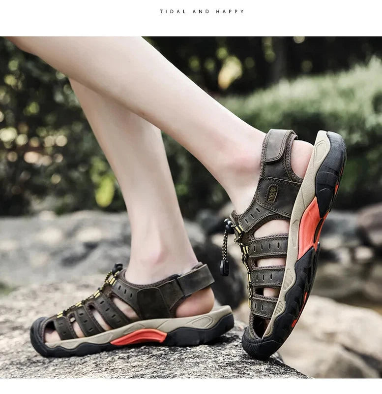 Men's Soft Leather Sandals Summer Lack Up Shoes Outdoor Comfort Beach Slippers