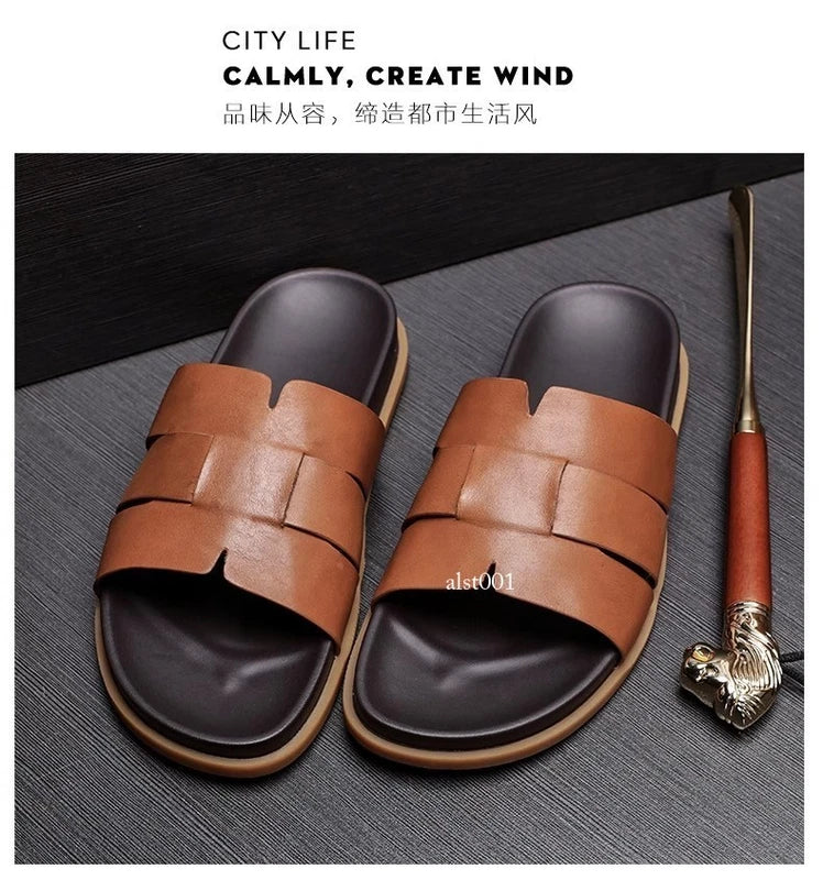 Summer New Men's Slippers Casual Breathable Beach Sandals Flat Leather Slippers