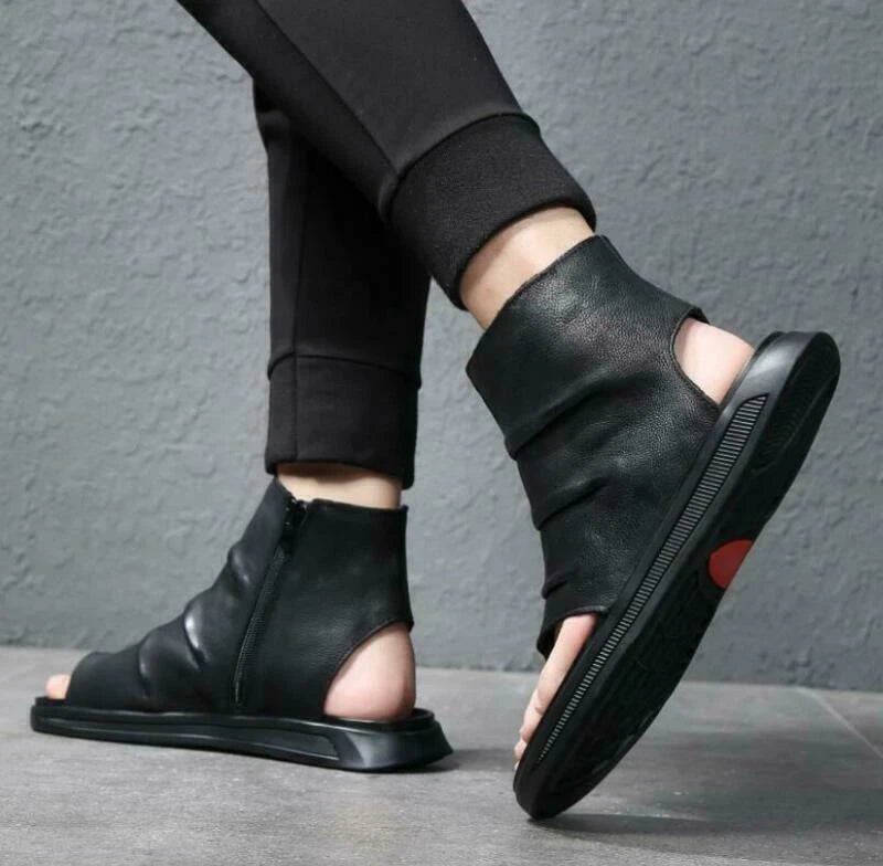 Men's Fashion Summer Roman Walking Leather Side Zip Flat Slippers Sandals Shoes