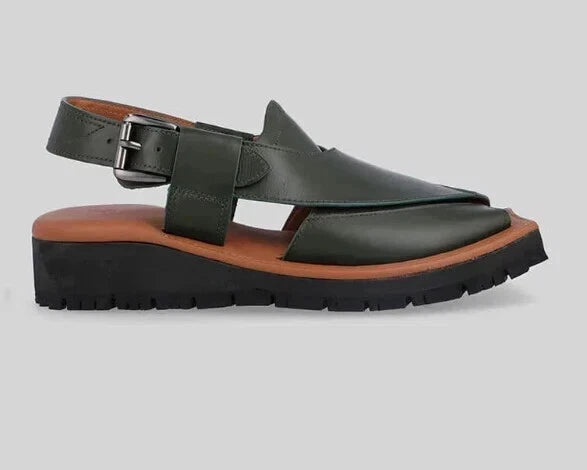 Handcrafted Men's Mustard Green Peshawari Chappal Pure Leather Men's Sandals Men
