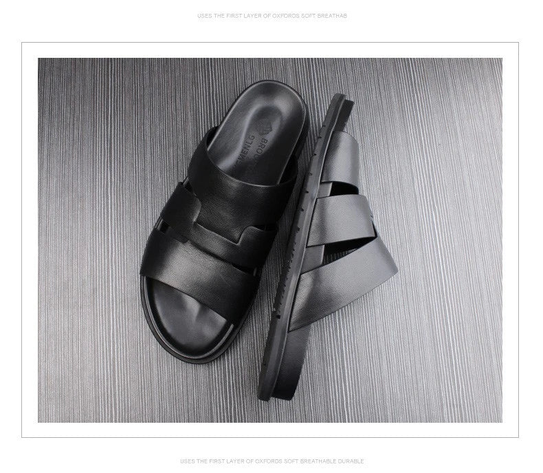 Summer Open Toe Real Leather Mens Sandals Slippers Flats Shoes Beach Roman Style