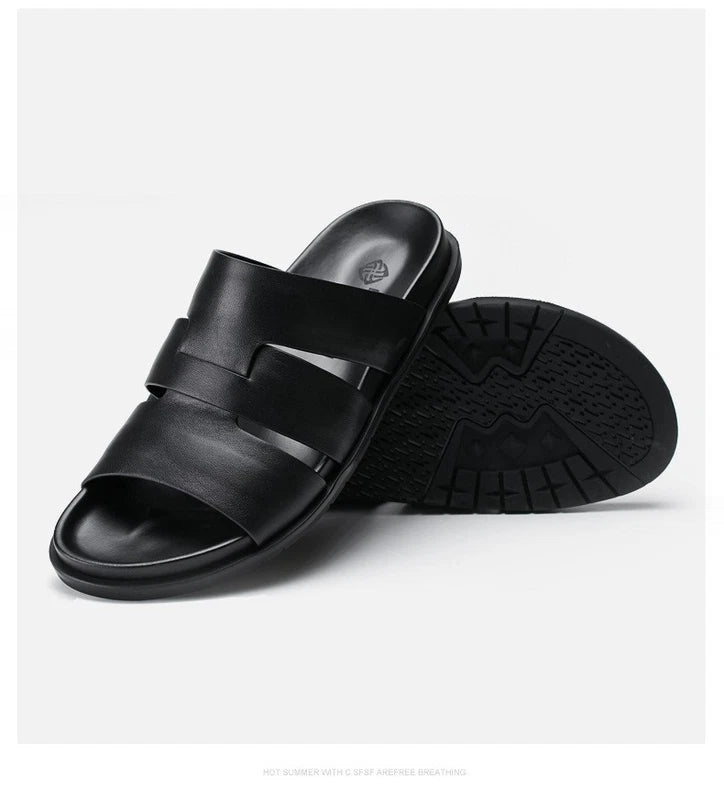 Summer Open Toe Real Leather Mens Sandals Slippers Flats Shoes Beach Roman Style