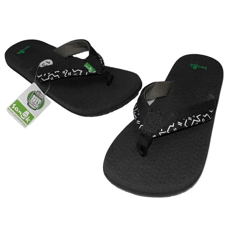 Sanuk Flip Flops Mens Black Canvas Comfort Sandals Slipper Beer Cozy Light Funk