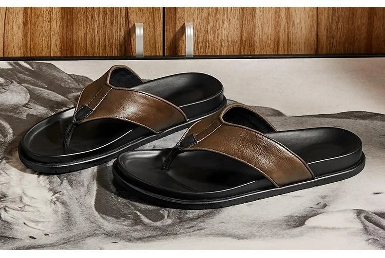 Fashion Men's Clip Toe Leather Slippers Flats Beach Holiday Casual Sandals Shoes