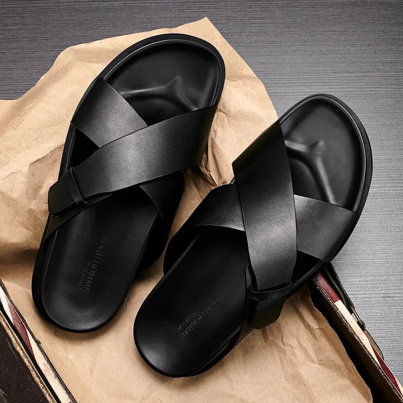 Men Cowhide Casual Slipper Summer Outdoor Breathable Genuine Leather Beach Shoes