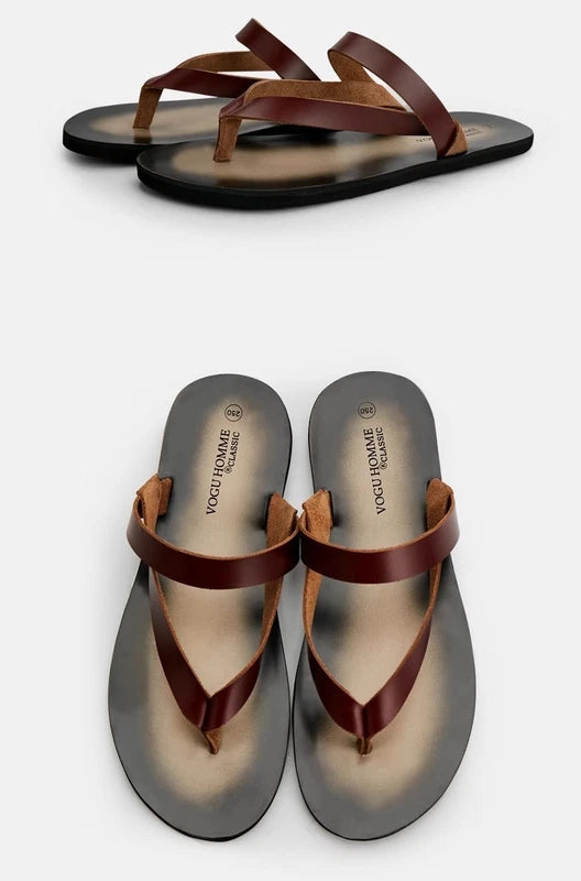 Men's Cowhide Slippers Casual Leather Flip Flops Breathable Slip on Beach Shoes