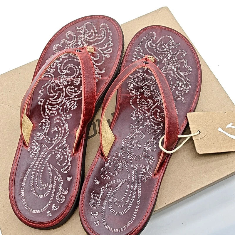Olukai Womens 7/8/9 Paniolo Flip Flop Thong Red Leather Sandals 20129