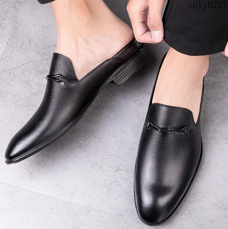 Mens Leather Breathable Sandals Pointy Toe Slip On Metal Slipper Shoes Mules Hot