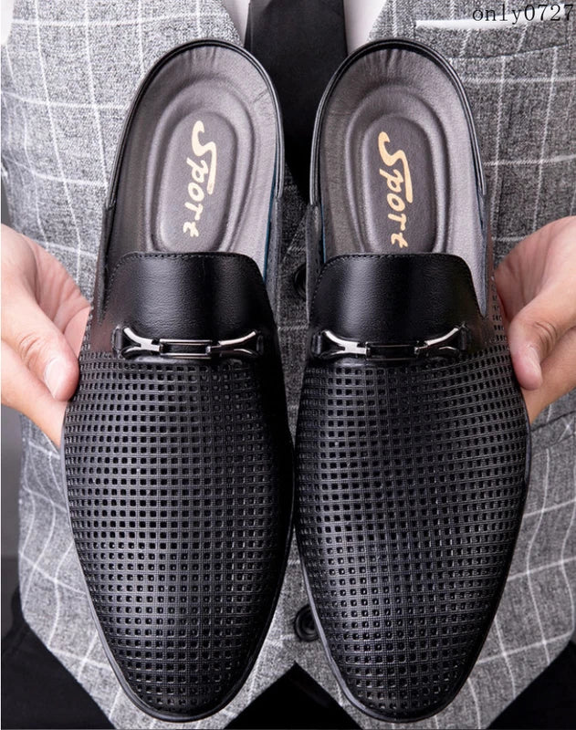 Mens Leather Breathable Sandals Pointy Toe Slip On Metal Slipper Shoes Mules Hot