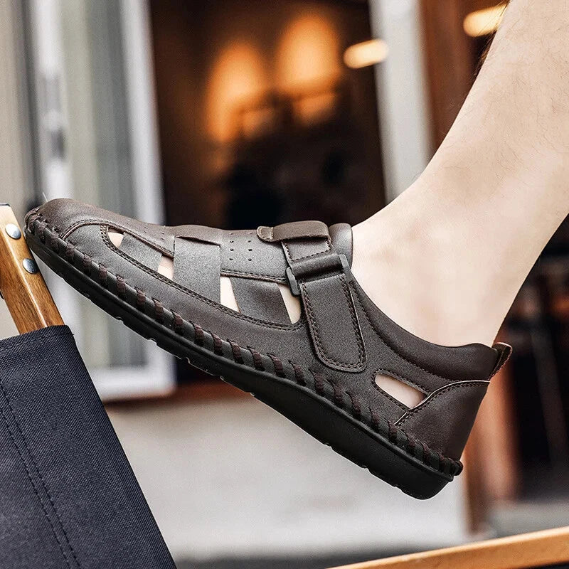 Men Leather Loafers Breathable Soft Sandals Handmade Non Slip Beach Slippers