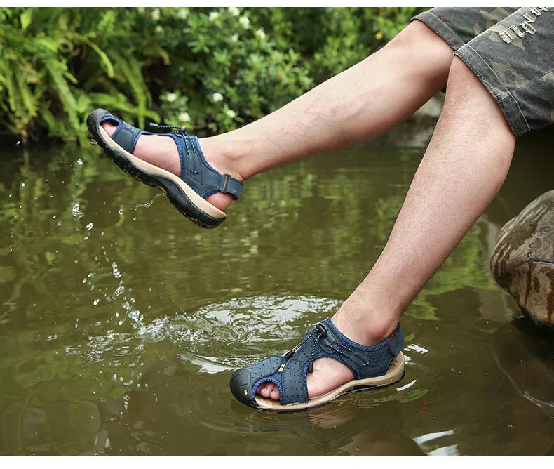 Summer Men's Leather Sandals Outdoor Beach Shoes Comfort Casual Lackk Up Slipper