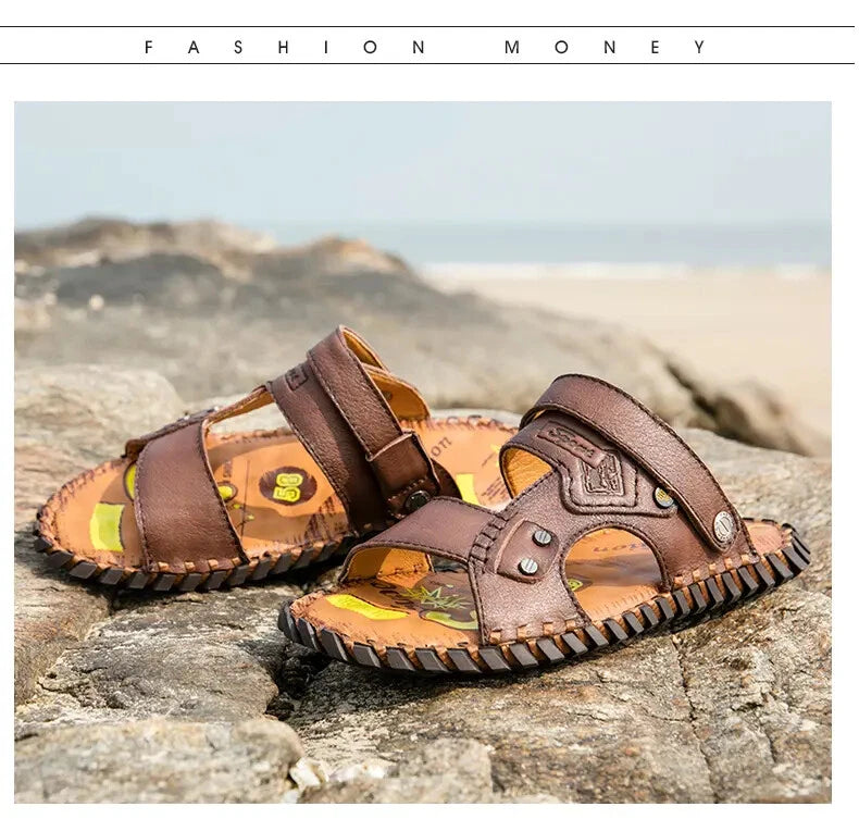 Open Toe Hollow Out Leather Mens Slippers Sandals Beach Holiday Summer Slingback