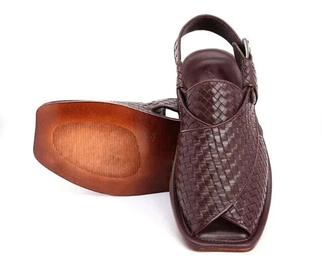 Men's Handcrafted Leather Peshawari Chappal Sandal For Men Woven Brown Leather