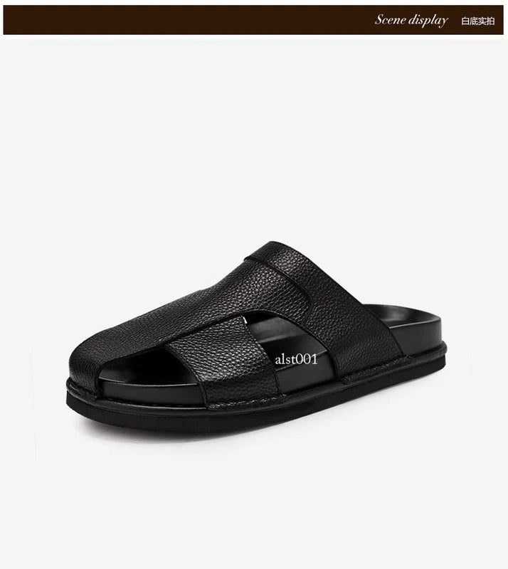 Mens Cowhide Slippers Outdoor Breathable Sandals Anti Slip Beach Casual Slippers