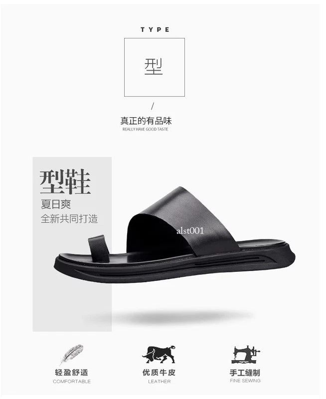 Mens Summer Leather Flip Flops Clipped Toe Korean Non Slip Beach Casual Slippers
