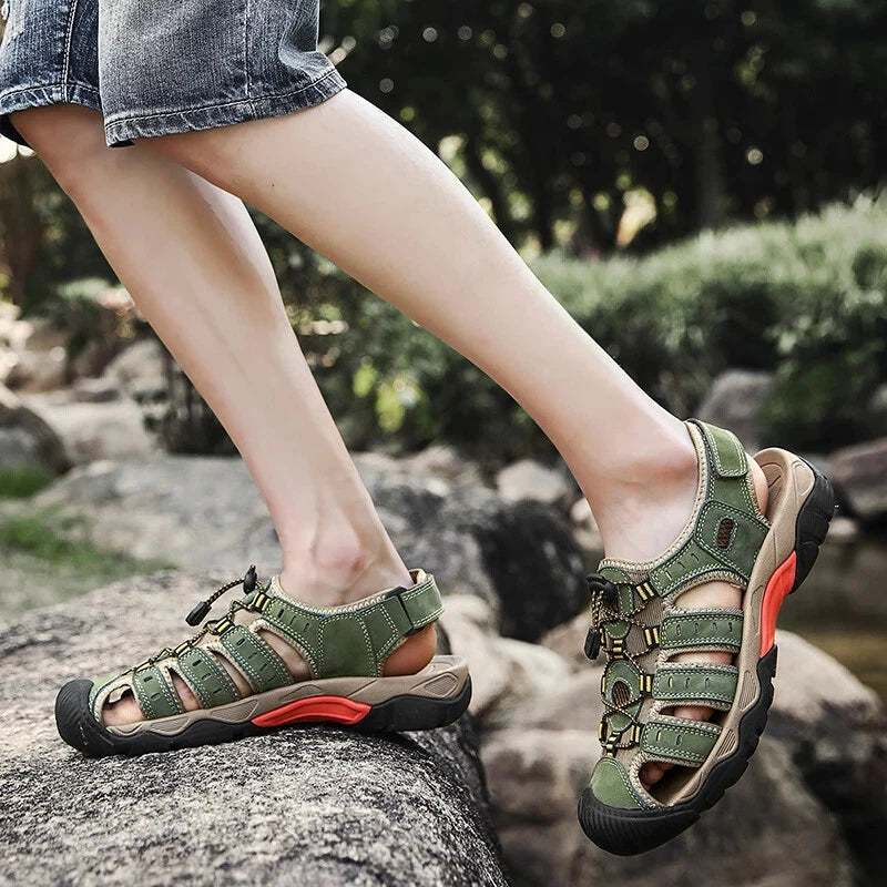 Men's Soft Leather Sandals Summer Lack Up Shoes Outdoor Comfort Beach Slippers