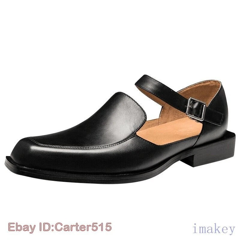 Men's Closed Toe Buckle Square Toe Breathable Leather Roman Sandals Casual Shoes