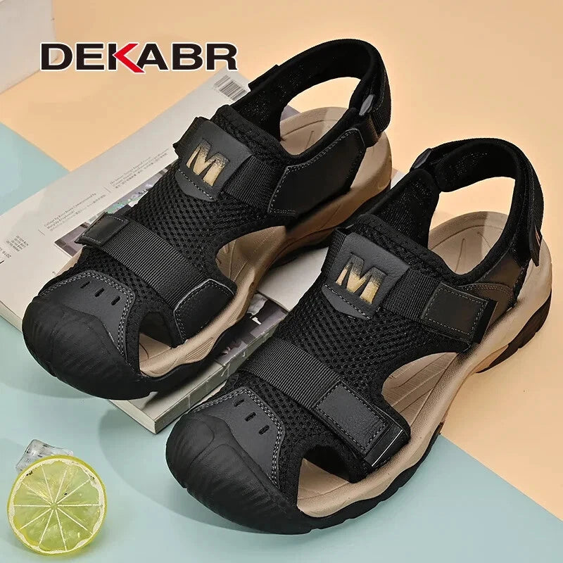 Fashion Casual Men Shoes Genuine Leather Mesh Beach Sandals Breathable Slippers