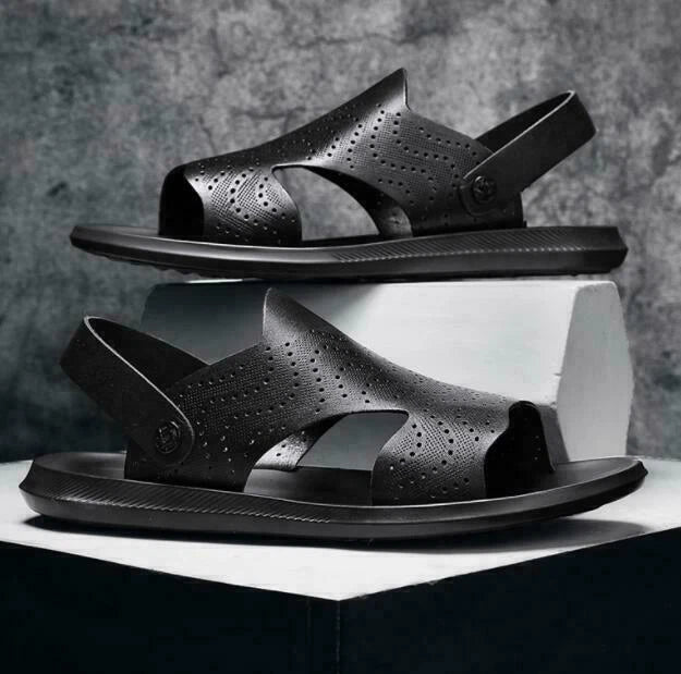 Men Summer Sandals Slippers Open Toe Slingbacks Cut Out Beach Leather Breathable