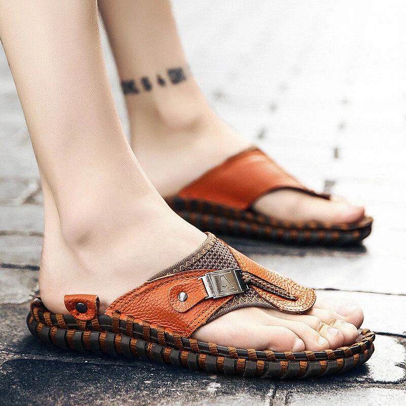 Plus Size Casual Shoes Men's Sandals Slippers Leather Thong Flats Outdoor Beach