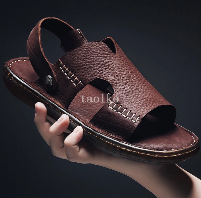 Open Toe Leather Slip on Slippers Sandals Flats Beach Holiday Men Shoes