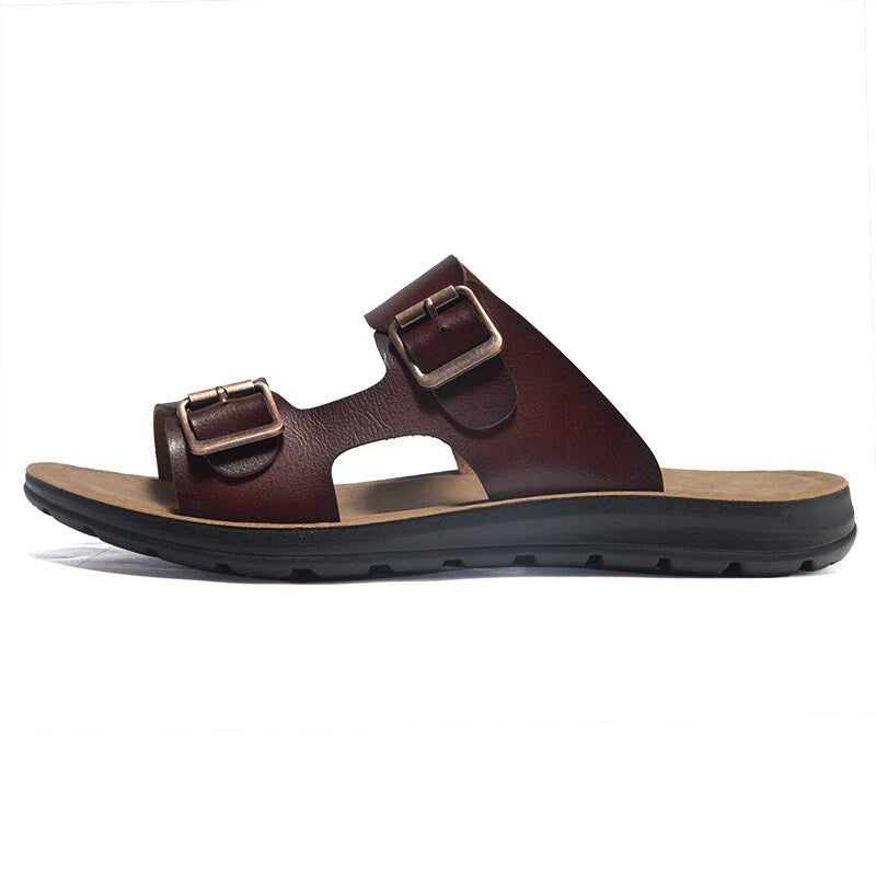 Mens Beach Summer Flats Heel Sandals Buckles Open Toe Slipper Leather Shoes 2025