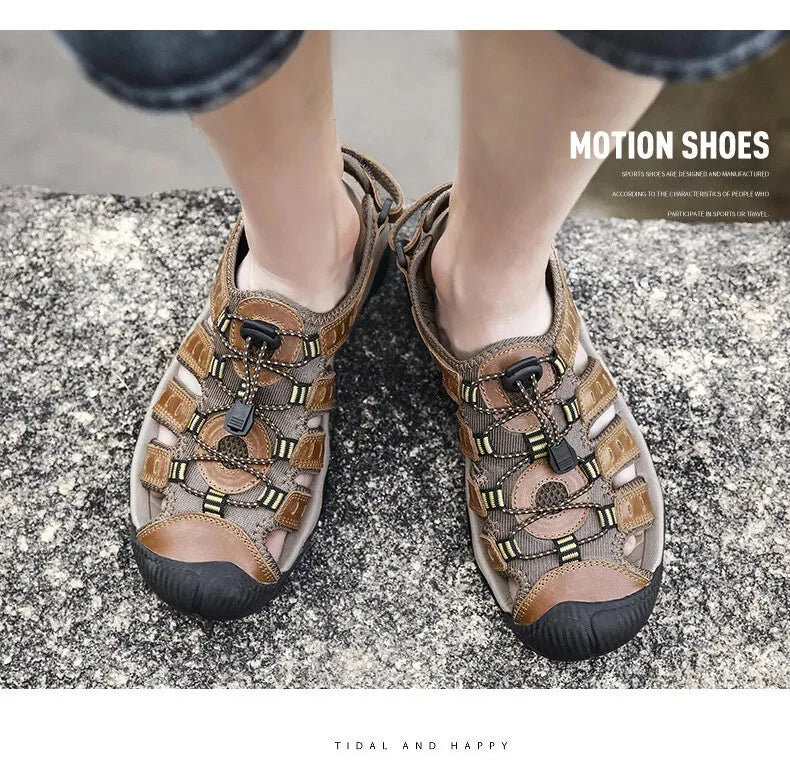 Men's Soft Leather Sandals Summer Lack Up Shoes Outdoor Comfort Beach Slippers