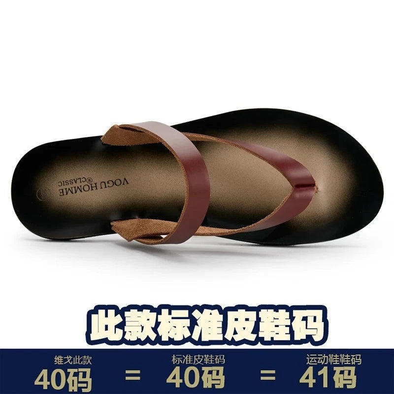 Men's Cowhide Slippers Casual Leather Flip Flops Breathable Slip on Beach Shoes