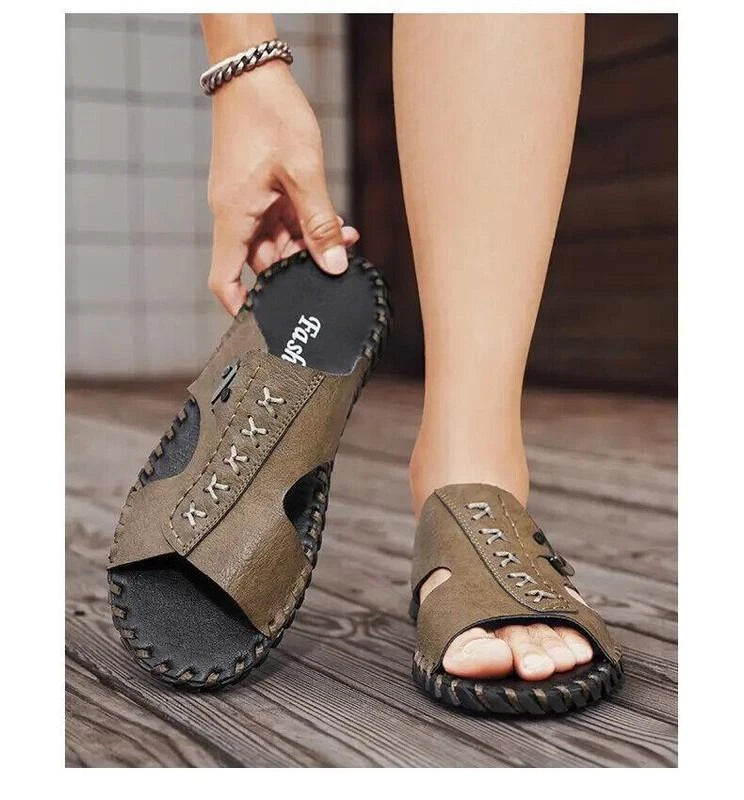 Chic Mens Open Toe Faux Leather Slippers Sandal Casual Beach Outdoor Flat Summer